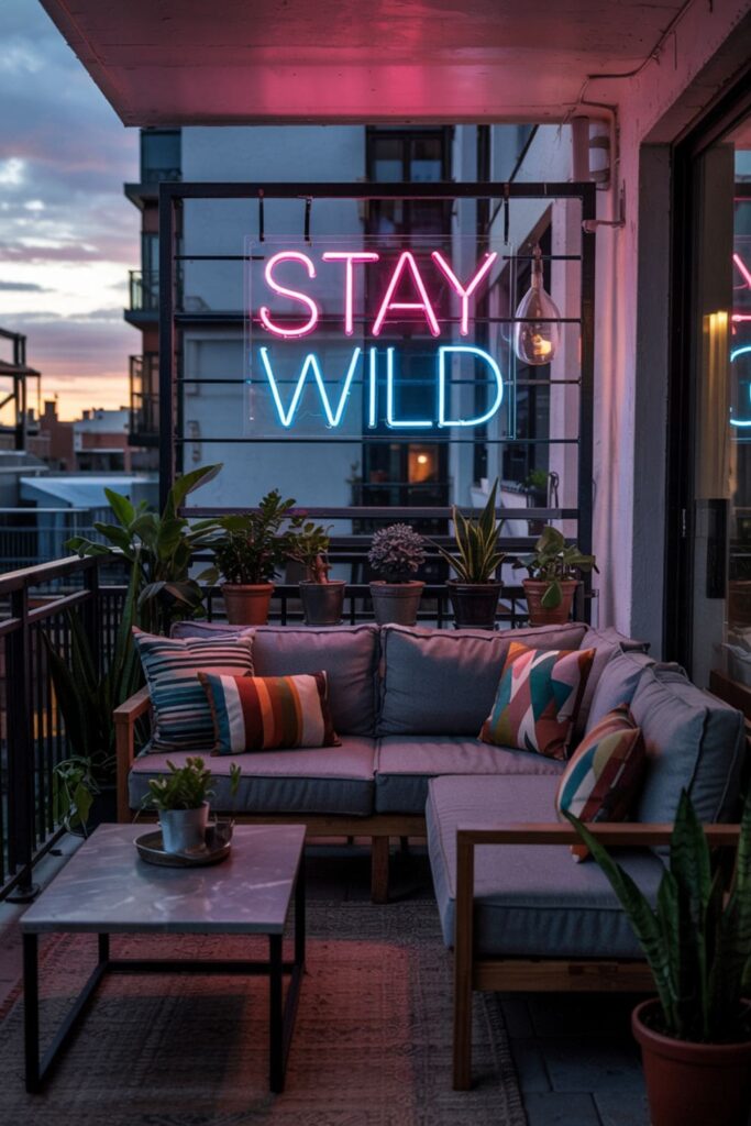 Nighttime balcony with a glowing neon sign and cozy seating for modern decor