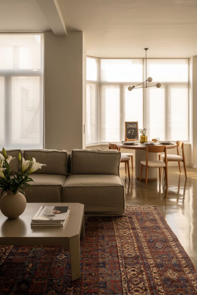 Open-plan apartment with a rug defining the living space and furniture arranged for flow