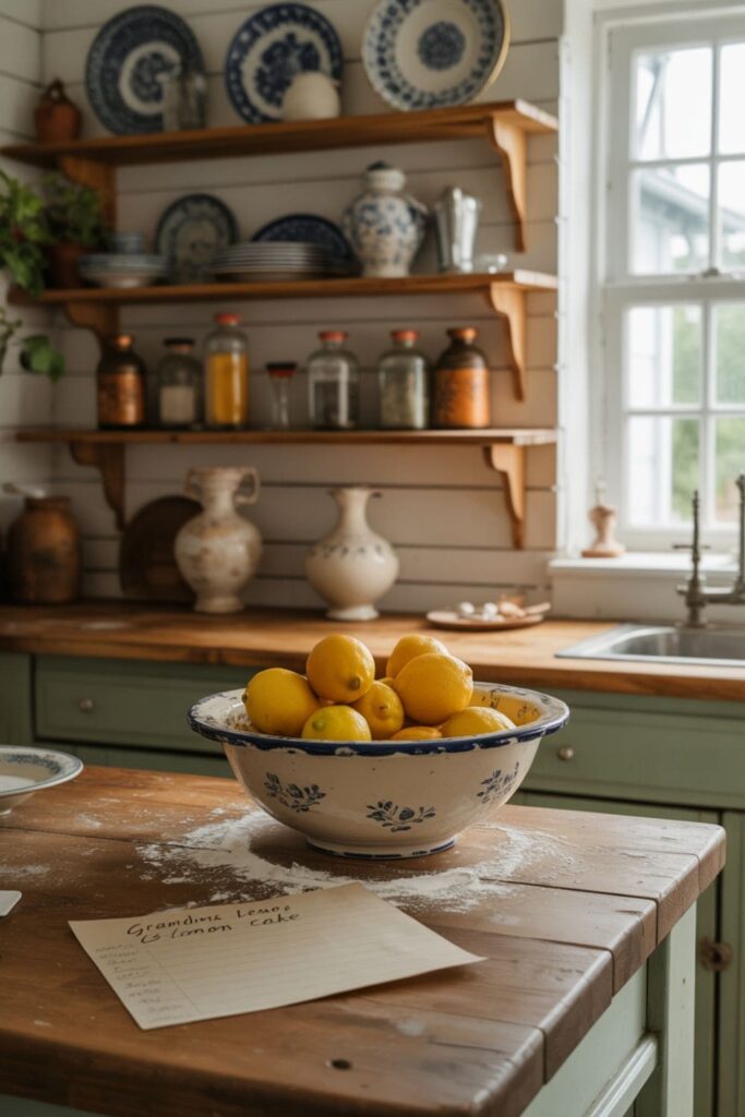 Open wooden shelves in a cottage kitchen displaying vintage dishes, glass jars, and pottery