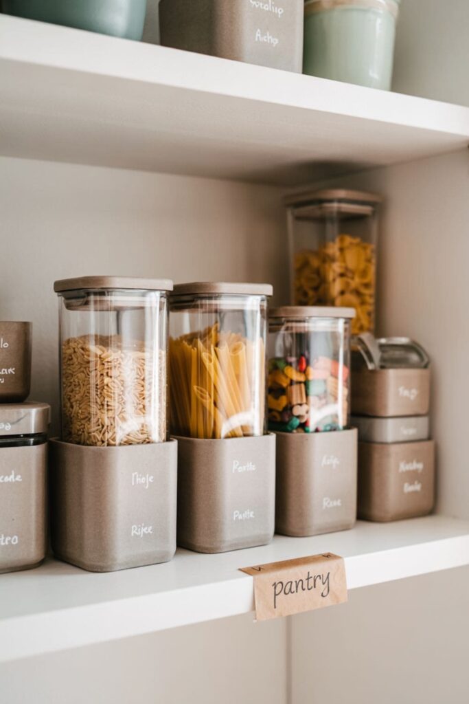Organized kitchen cabinet with matching labeled containers for dry pantry staples