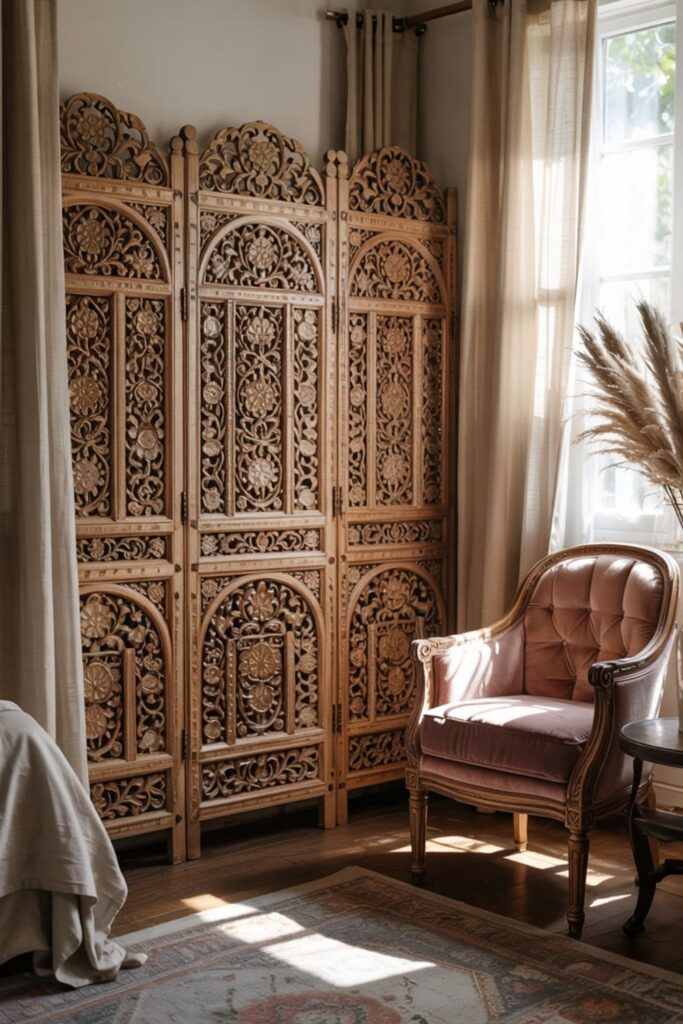 Decorative wooden folding screen used as a room divider in a spacious vintage bedroom.