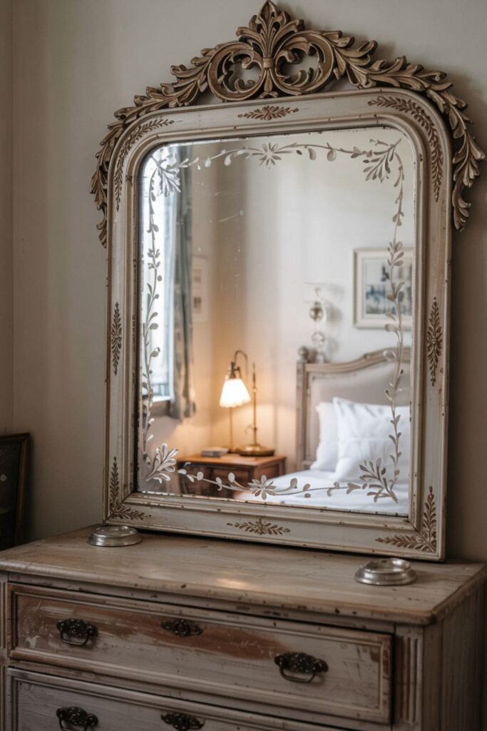 Ornate etched-glass mirror hanging above a vintage dresser in a softly lit guest room