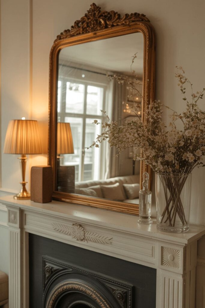 Ornate vintage gold-framed mirror with distressed edges hanging above a fireplace mantel