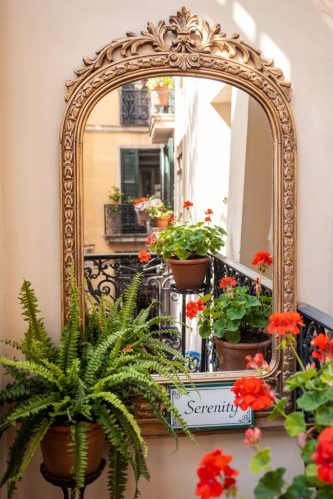 Outdoor mirror on balcony wall reflecting plants and natural sunlight