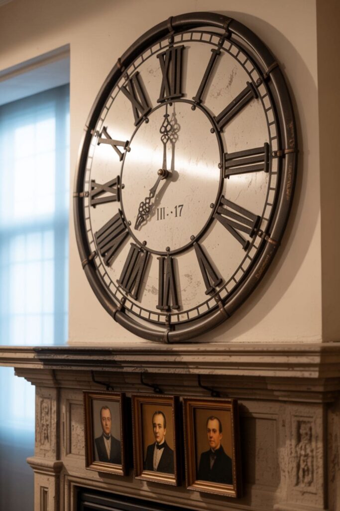 Oversized iron wall clock hanging above a rustic fireplace mantel