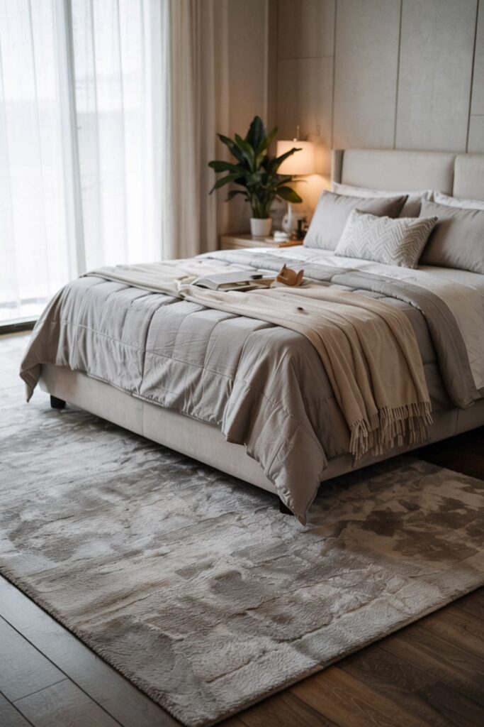 Oversized neutral rug under a bed in a modern bedroom adding comfort and grounding the space