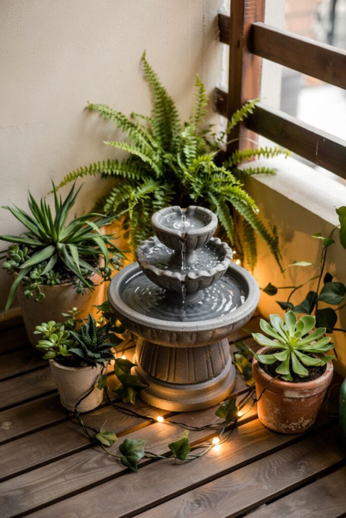 Peaceful balcony corner with a tabletop fountain surrounded by green plants