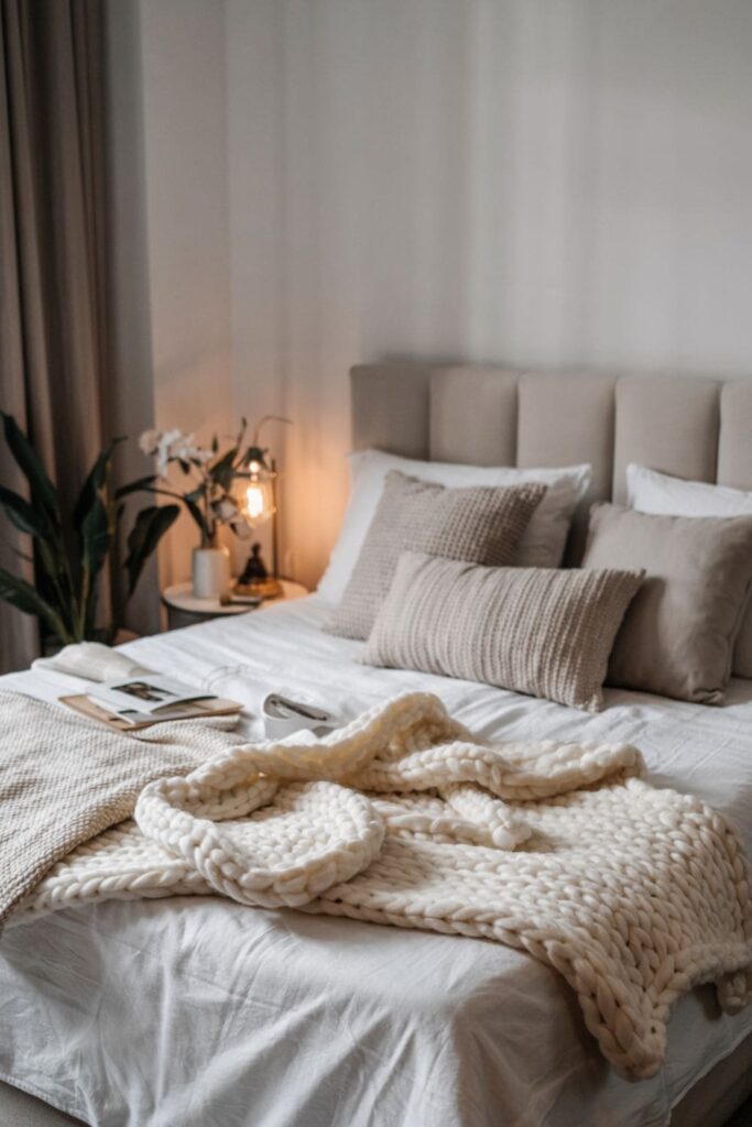 Plush bed with a soft, chunky knit throw blanket draped across for texture and warmth
