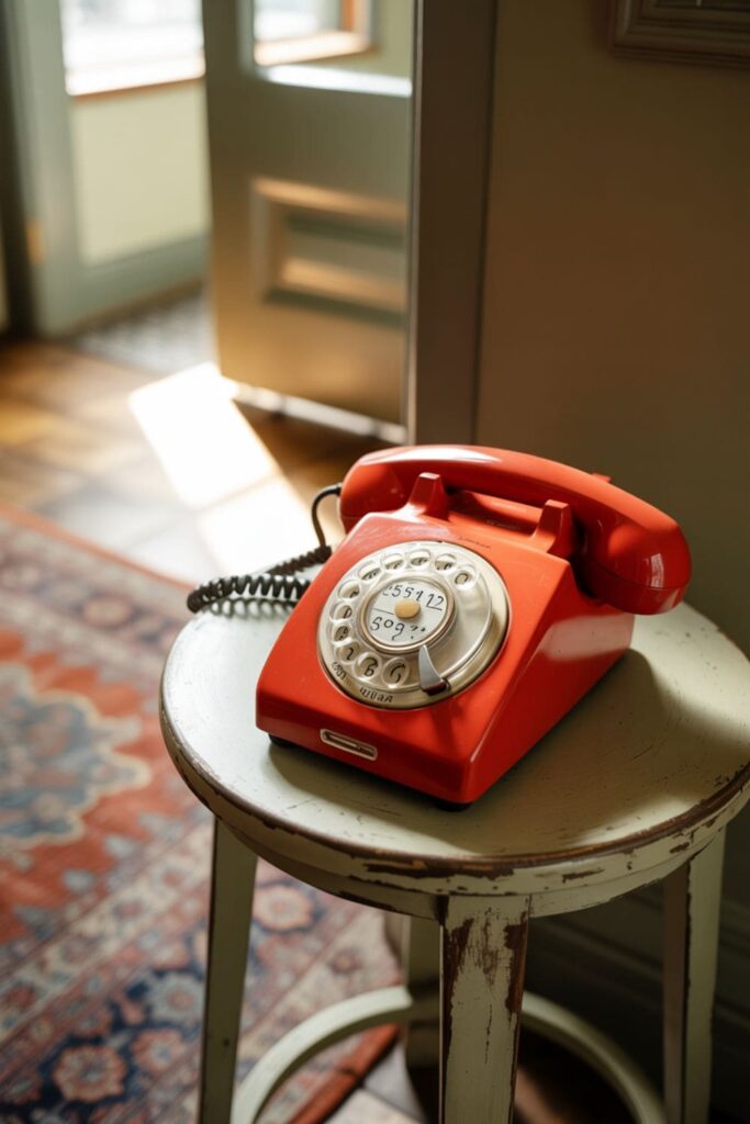 Red vintage rotary phone displayed on a wooden side table in an entryway