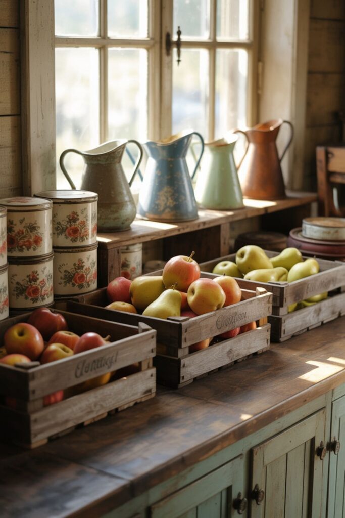 Rustic kitchen decorated with antique tins, enamelware, and wooden crates