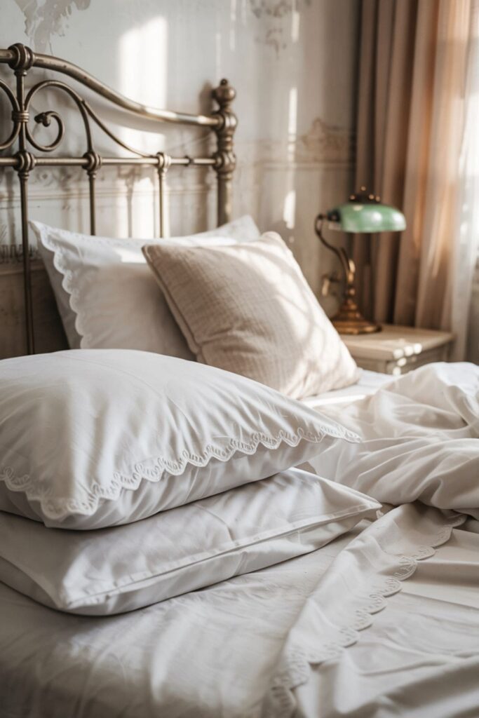 Scalloped-edge white bedding and pillowcases adding a feminine, vintage feel to the bed