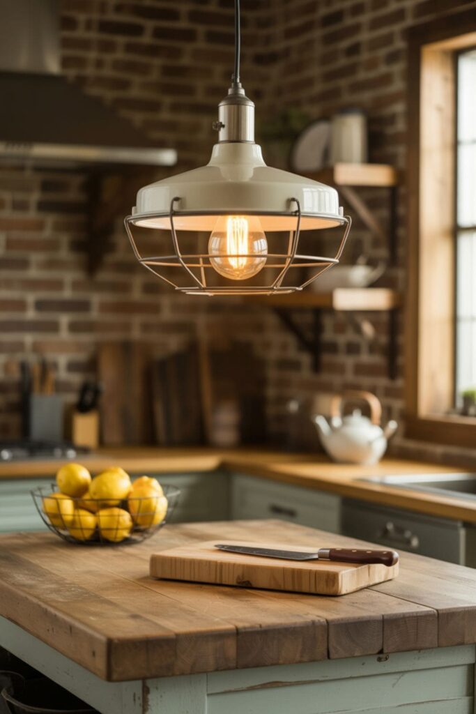 Schoolhouse pendant light over a rustic kitchen island in warm, soft lighting