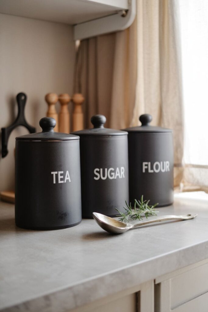 Set of matching ceramic canisters for tea, coffee, and sugar lined up neatly on a kitchen counter