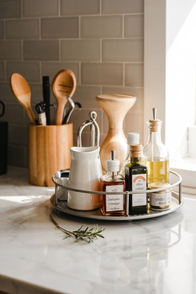 Small Lazy Susan tray on a kitchen counter organizing condiments and coffee supplies
