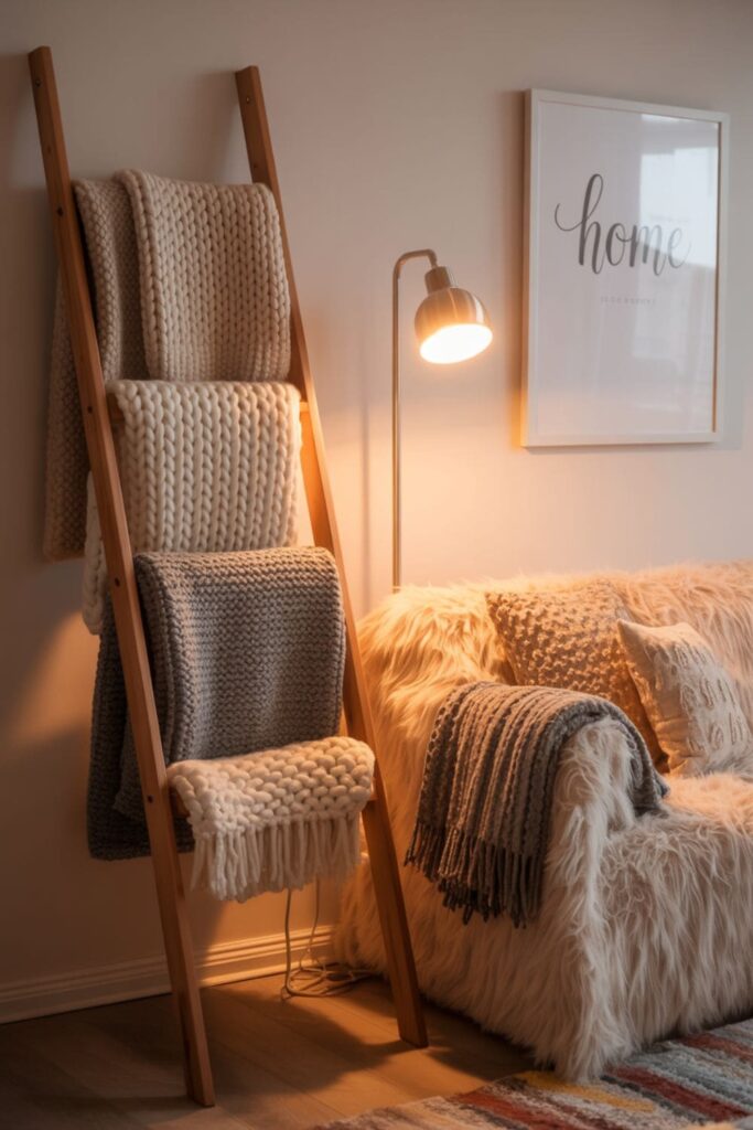 Small apartment living room with a leaning ladder rack holding folded throw blankets