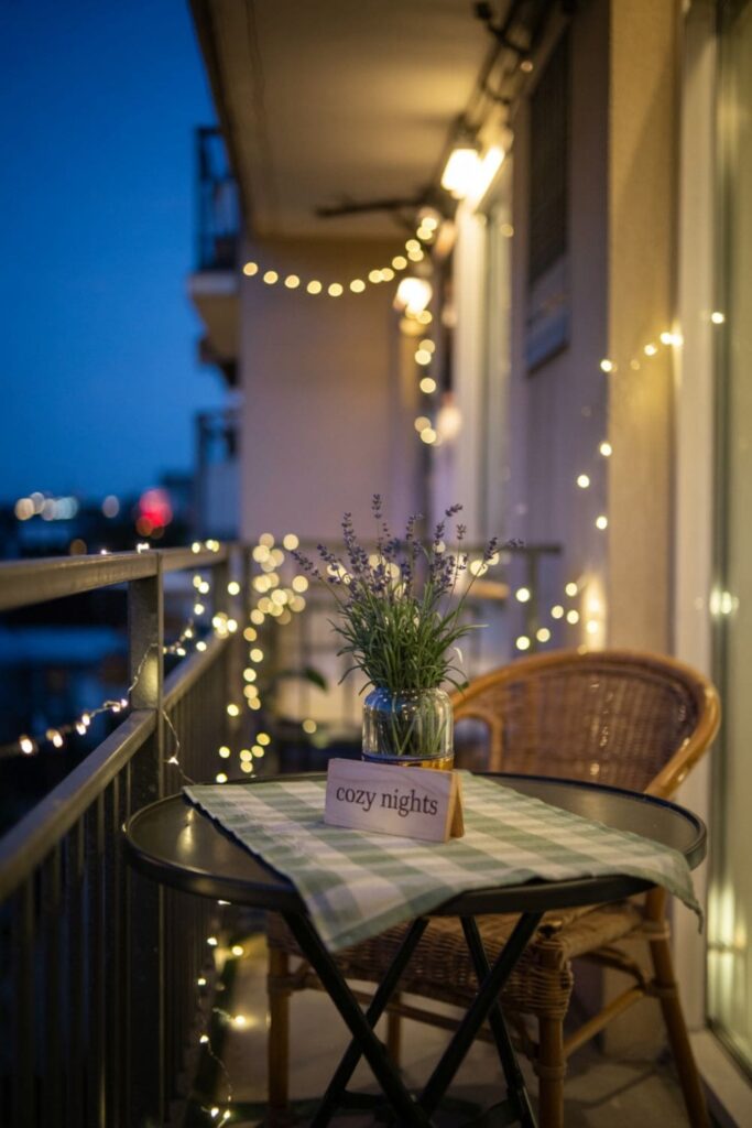 Small balcony decorated with warm string lights creating a soft, magical glow
