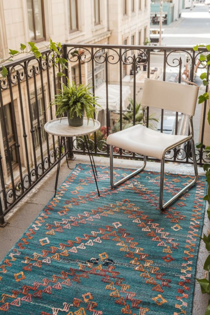 Small balcony with a colorful outdoor rug and modern seating setup