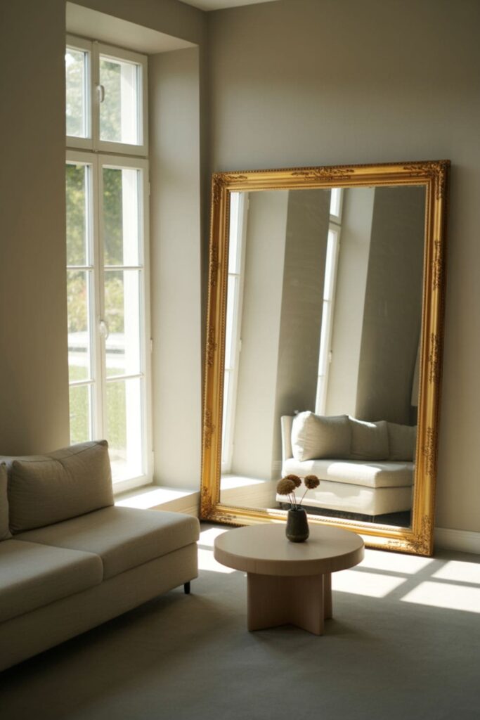 Small living room with a large decorative mirror opposite a window reflecting natural light to enlarge the space