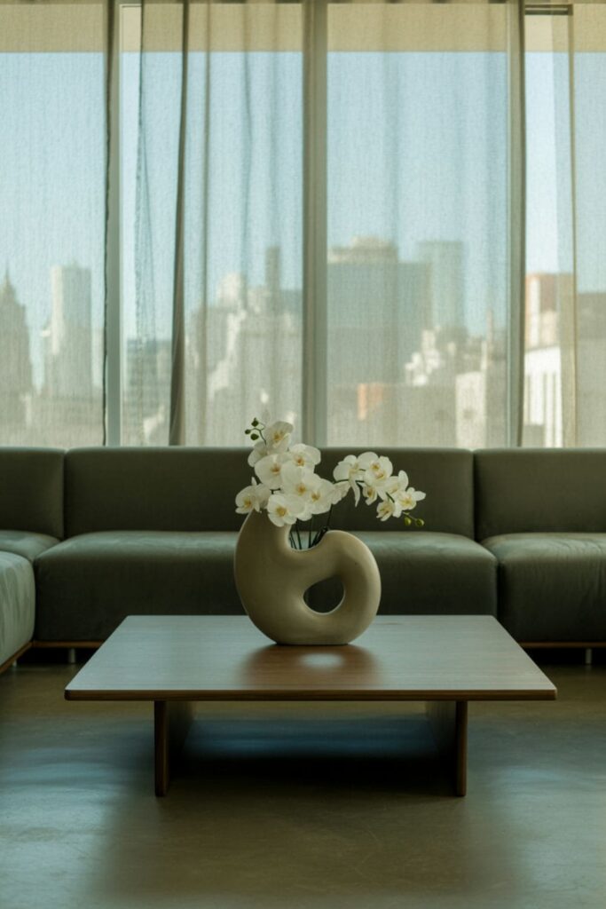 Spacious living area with low-profile furniture and clear sightlines, avoiding visual clutter
