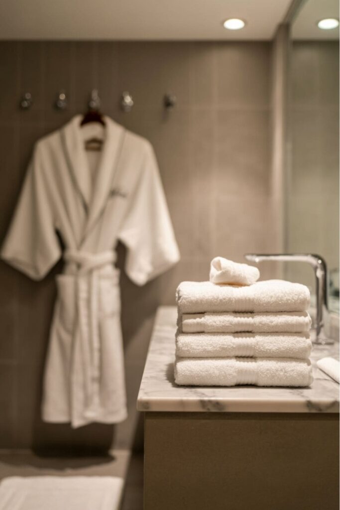 Stack of fluffy white towels, plush bath mat, and robe in a cozy, spa-style bathroom