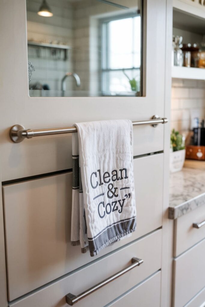 Stick-on towel bar attached to a kitchen cabinet holding a neutral-toned dish towel
