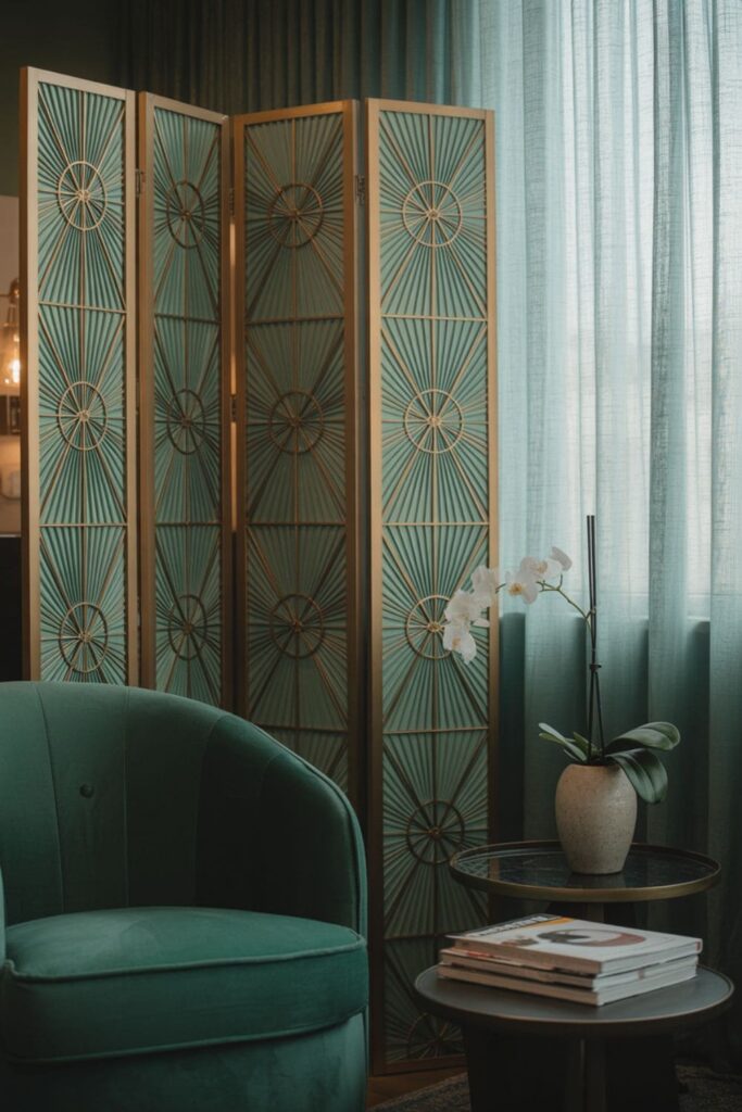 Studio apartment with a decorative folding screen separating the living area