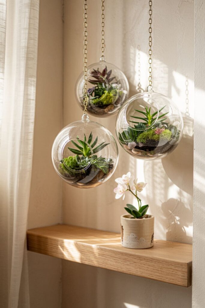 Stylish balcony with glass terrariums filled with succulents and greenery