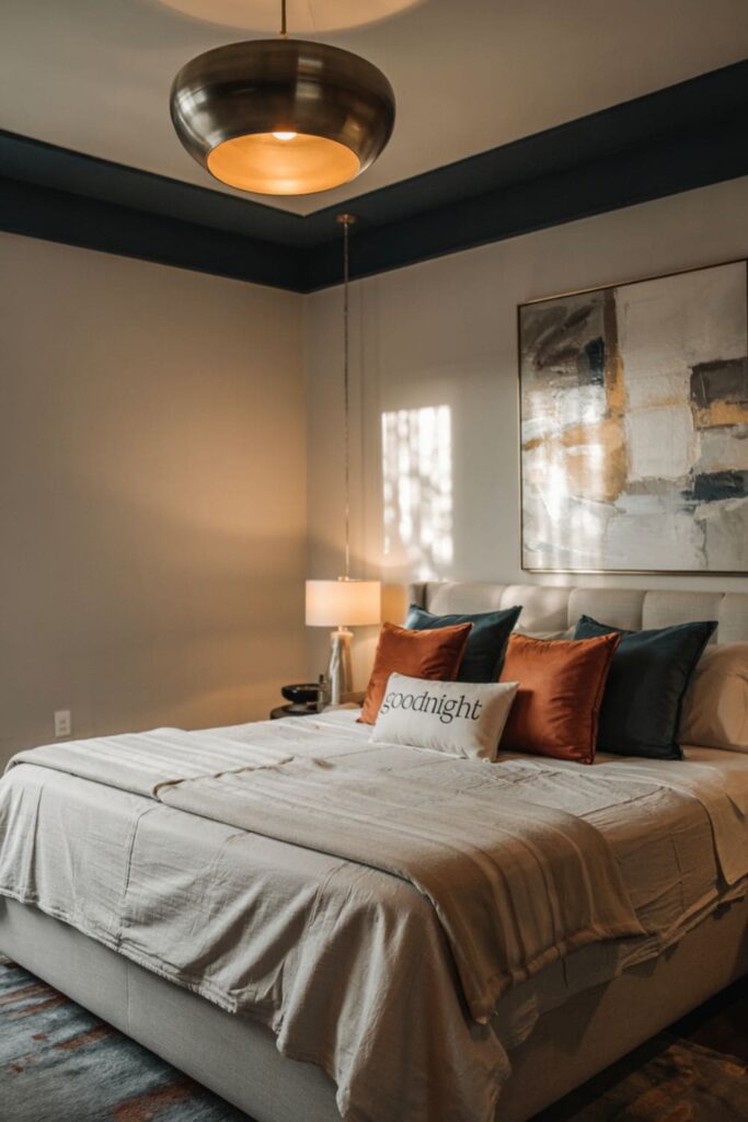 Stylish bedroom with a painted charcoal ceiling creating contrast and adding a designer touch