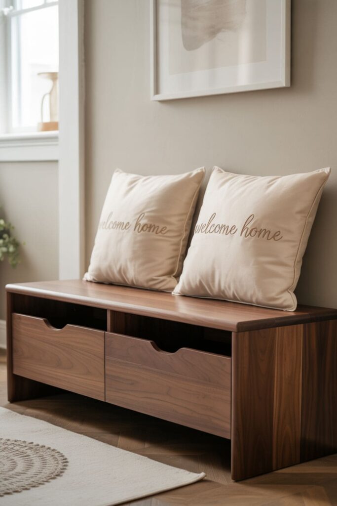 Stylish entryway bench with hidden shoe storage and decorative cushions, combining function and beauty