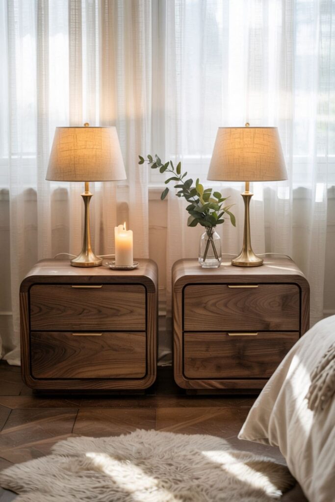 Stylish nightstands with brass handles and decorative touches enhancing bedroom luxury