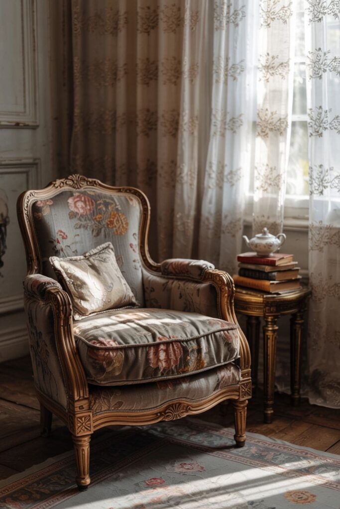 Sunlight filtering through sheer, embroidered curtains in a light and airy vintage guest room
