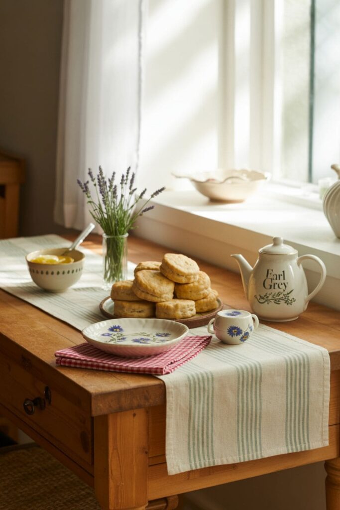 Table set with gingham napkins, striped towels, and floral linens in a rustic kitchen
