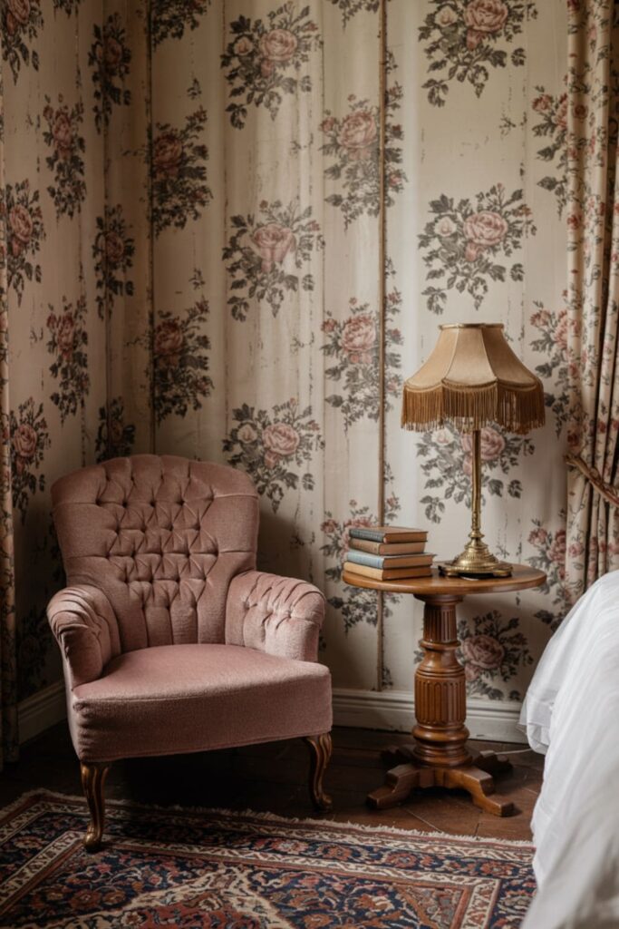 Tufted vintage rocking chair placed in the corner of a cozy guest room with floral wallpaper