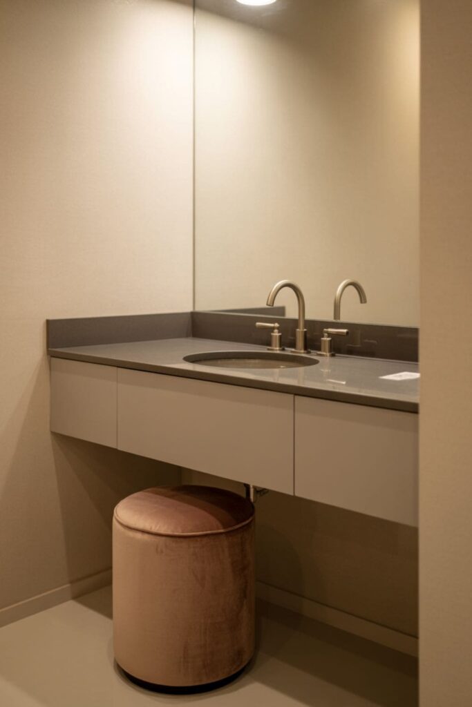 Velvet vanity stool tucked under a floating vanity in a high-end bathroom setting