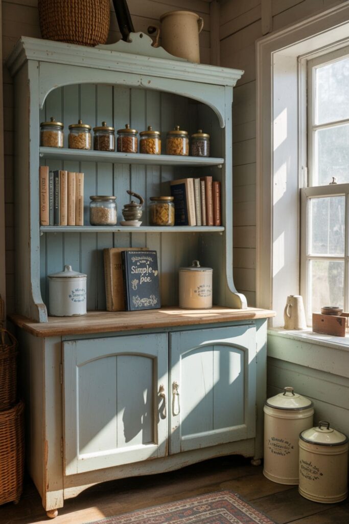 Vintage blue hutch in a cozy cottage kitchen filled with cookbooks and rustic dishware