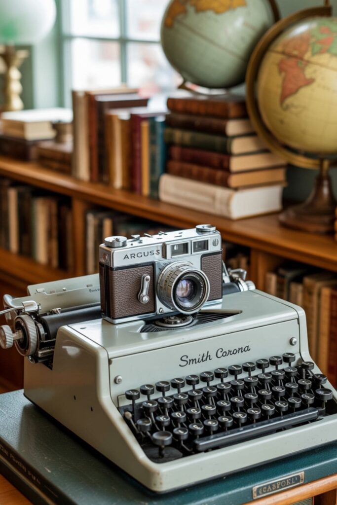 Vintage film camera and manual typewriter displayed on a wooden bookshelf