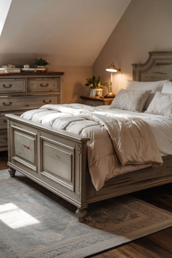 Vintage guest room with a distressed wood bedframe and matching dresser for a rustic, cozy feel