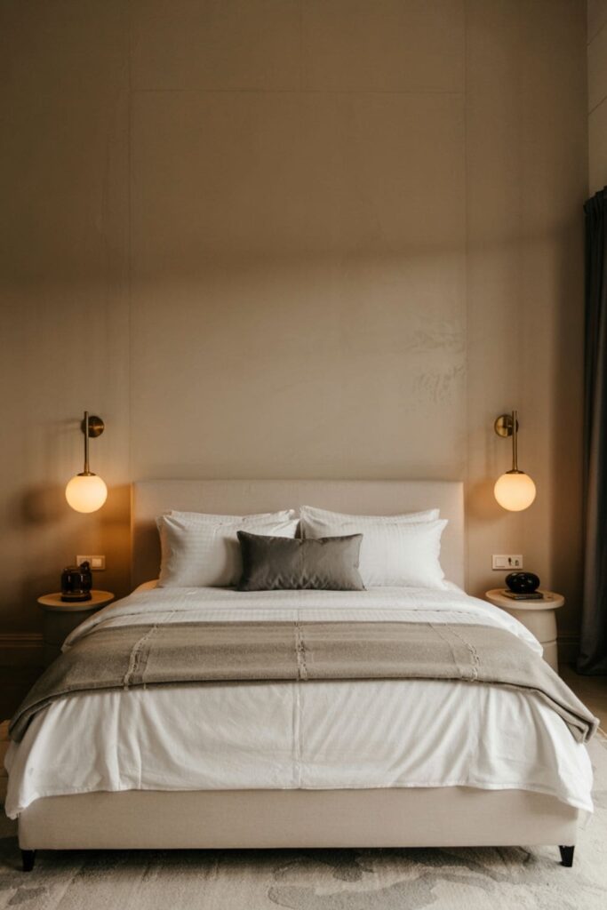 Wall-mounted brass sconces on either side of a bed casting soft, ambient light in a luxury room