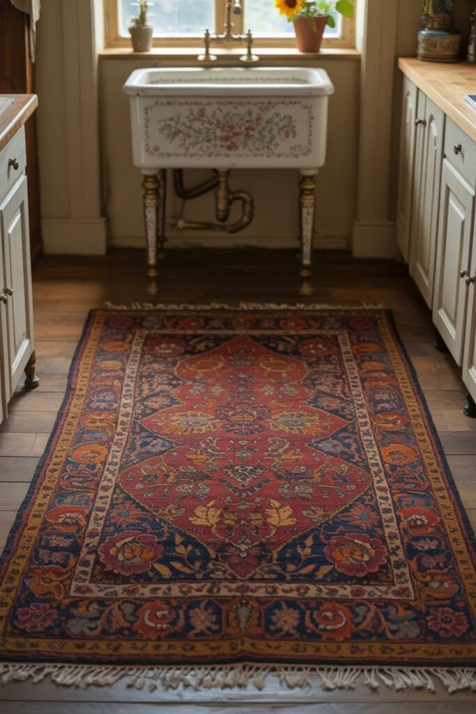 Warm-colored runner rug placed in front of a vintage white sink in a wooden floor kitchen