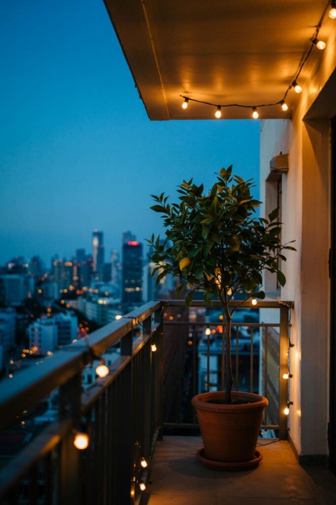 Warm rope lights wrapped around a balcony railing for soft evening lighting