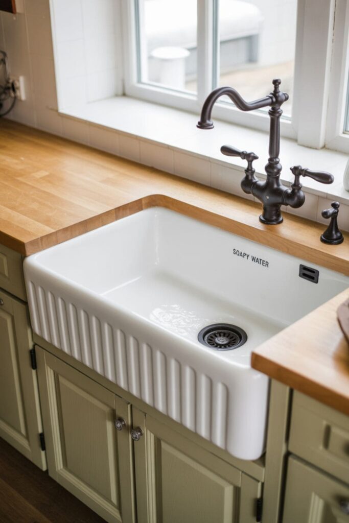 White apron-front farmhouse sink with matte black faucet and rustic wooden counters