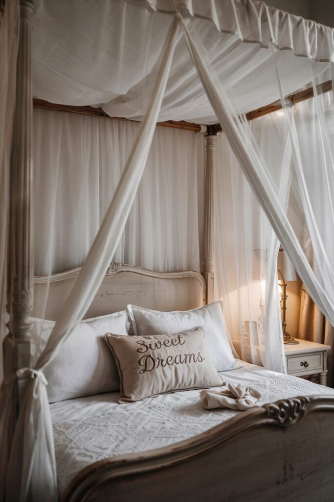 White canopy draped over a vintage-style bed creating a romantic and tucked-in guest room feel