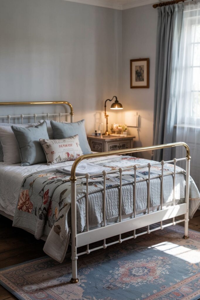 White iron bed frame with soft bedding and vintage pillows creating a classic guest room look