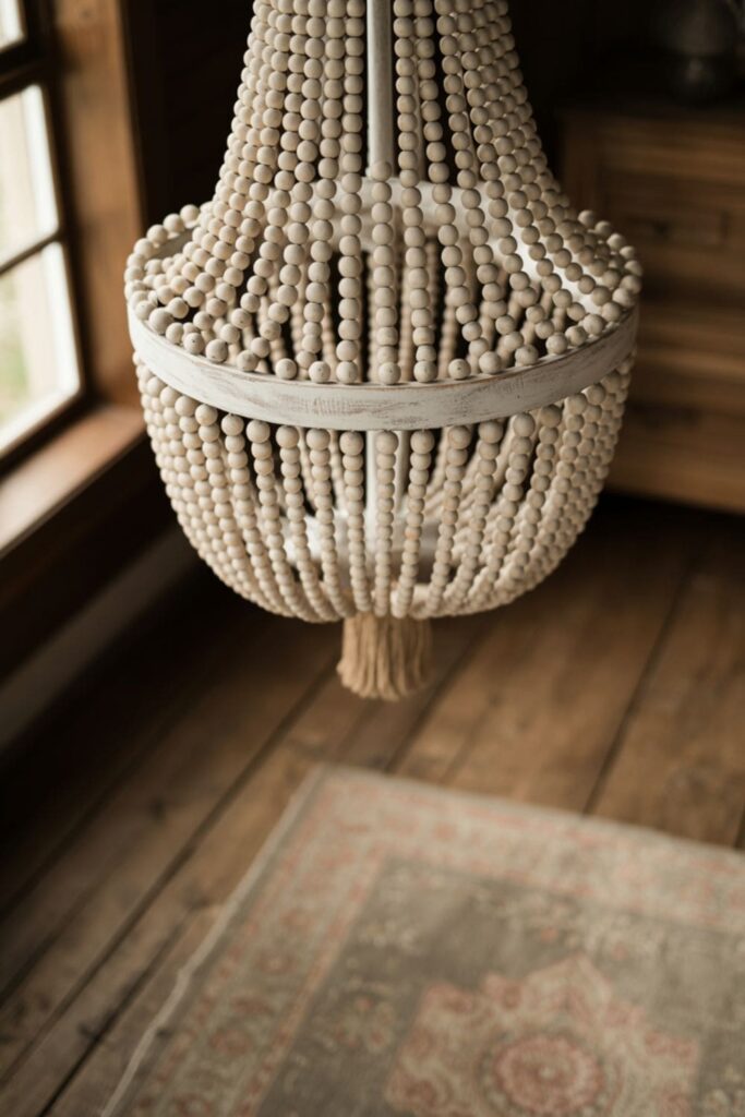 Whitewashed wooden beaded chandelier hanging over a farmhouse dining table