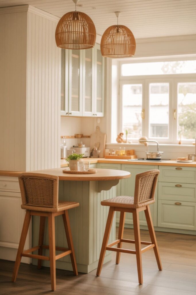 Wicker bar stools and rattan pendant lights in a soft pastel cottage kitchen
