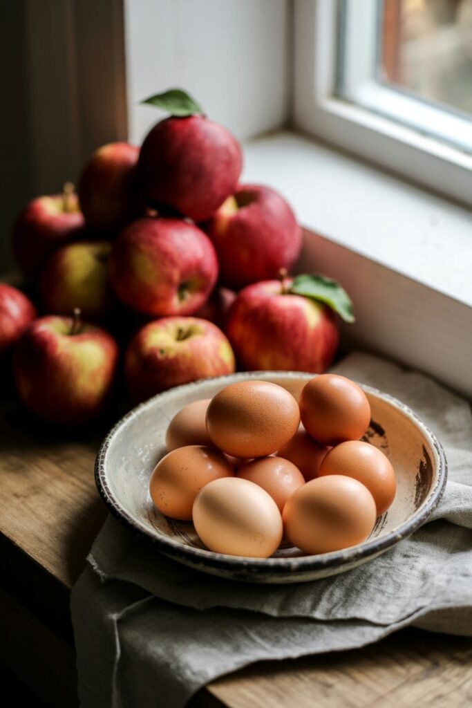 Wooden bowl with fresh apples and eggs on a sunlit rustic kitchen counter