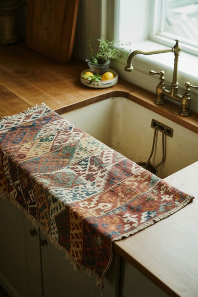 Worn Persian rug in front of a kitchen sink in a cozy, vintage-style space