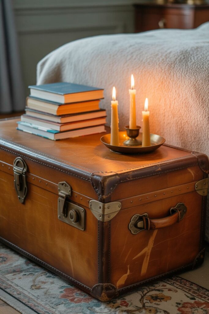 Worn leather vintage trunk at the foot of a bed with books and candles on top