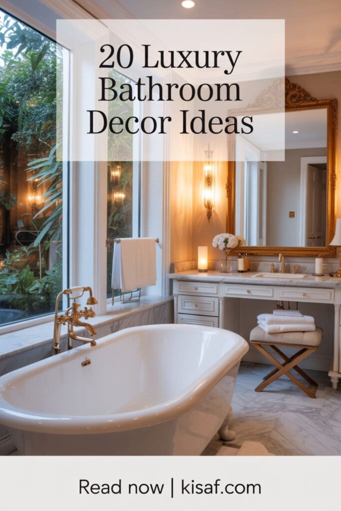 a pinterest style image with a text overlay _20 Luxury Bathroom Decor Ideas _, and _Read Now _ Kisaf.com_ at the bottom