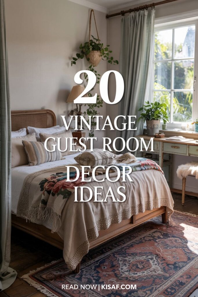 a pinterest style image with a text overlay _20 Vintage Guest Room Decor Ideas_, and _Read Now _ Kisaf.com_ at the bottom
